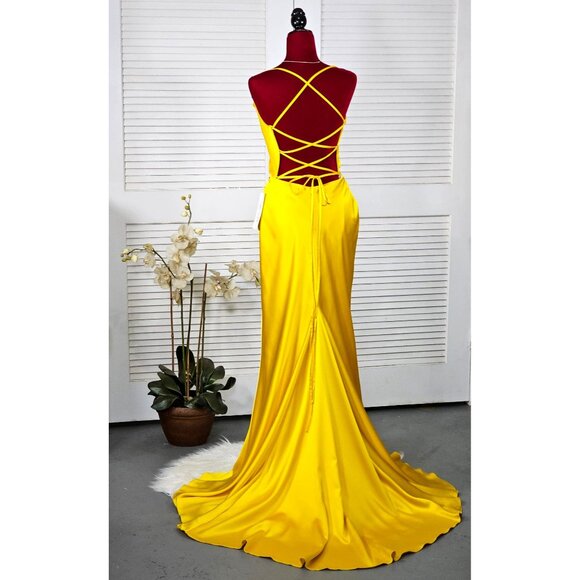 NWT Ellie Wilde Mon Cheri Sunflower Yellow Satin Long Prom Dress Size 16 1751 - Picture 10 of 16